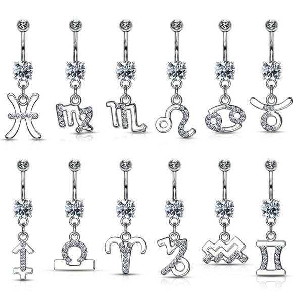 Assorted Zodiac Symbols w/clear crystal gems dangle Navel rings (sold se… - Picture 1 of 1